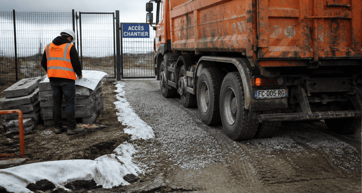 acces chantier gravier geotextile camion