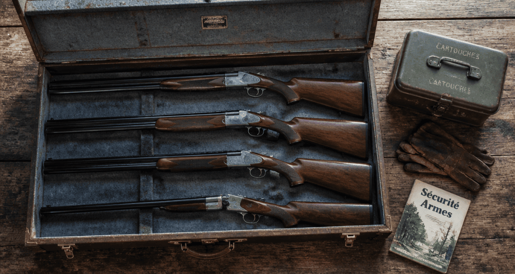 armoire à fusils ouverte avec fusils et accessoires