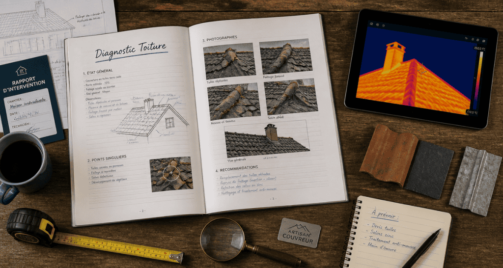 diagnostic toit rapport et matériaux sur bureau