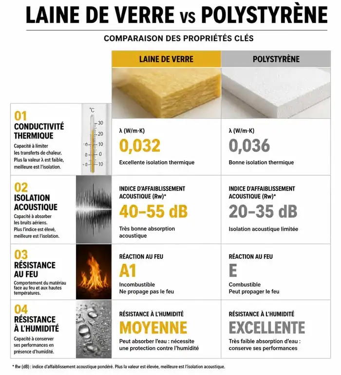 Comparatif isolation polystyrène ou laine de verre : propriétés thermiques, acoustiques et résistance au feu