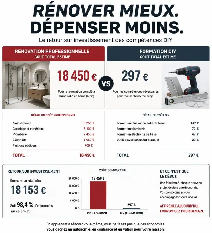 Infographie comparative : coût des travaux par un artisan vs formation bricolage et économies réalisées