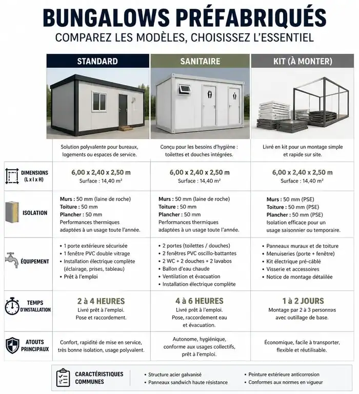 Tableau comparatif des caractéristiques techniques des bungalows préfabriqués