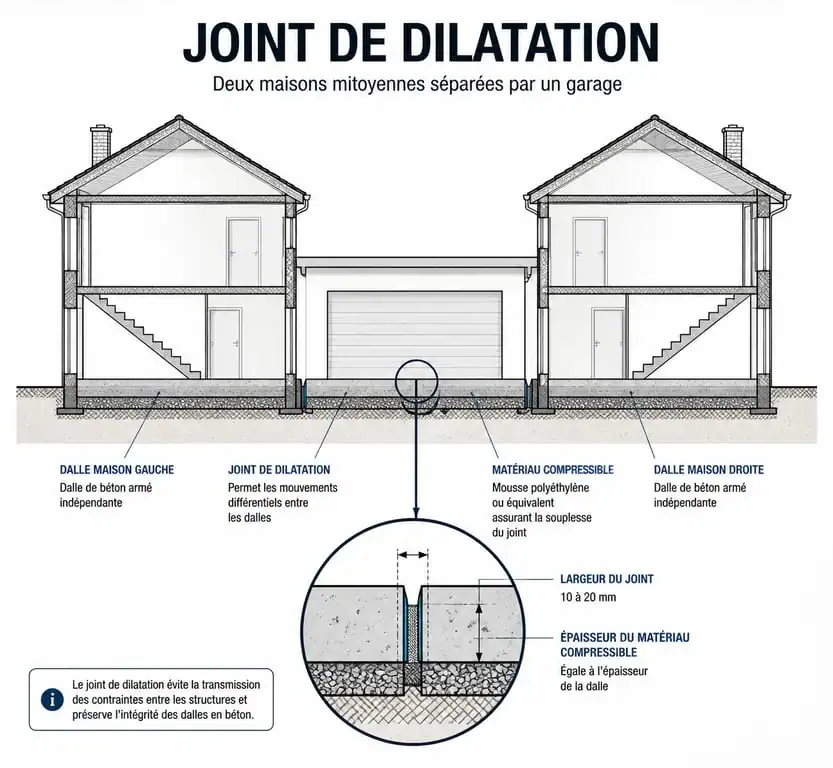 Schéma technique d'une maison mitoyenne par le garage montrant le joint de dilatation entre les deux structures.