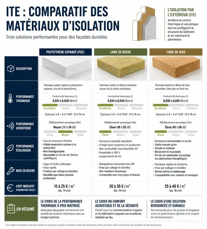 Comparatif des isolants pour ravalement ITE : polystyrène, laine de roche et fibre de bois