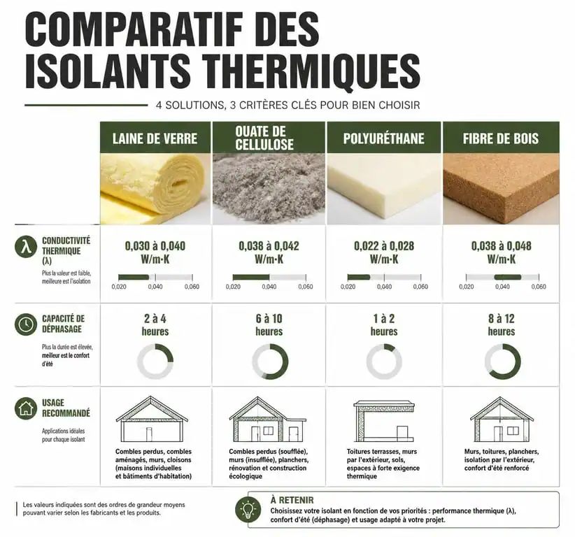Infographie comparative des isolants thermiques pour choisir le meilleur isolant thermique selon la conductivité et le déphasage
