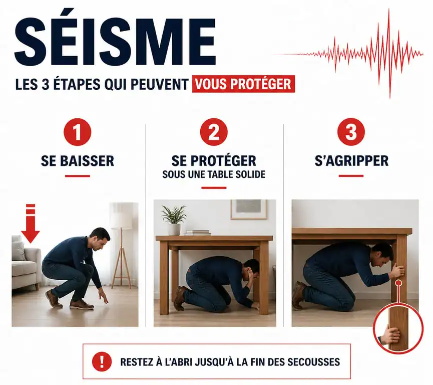 Infographie des gestes de sécurité en cas de séisme : se baisser, se protéger, s'agripper