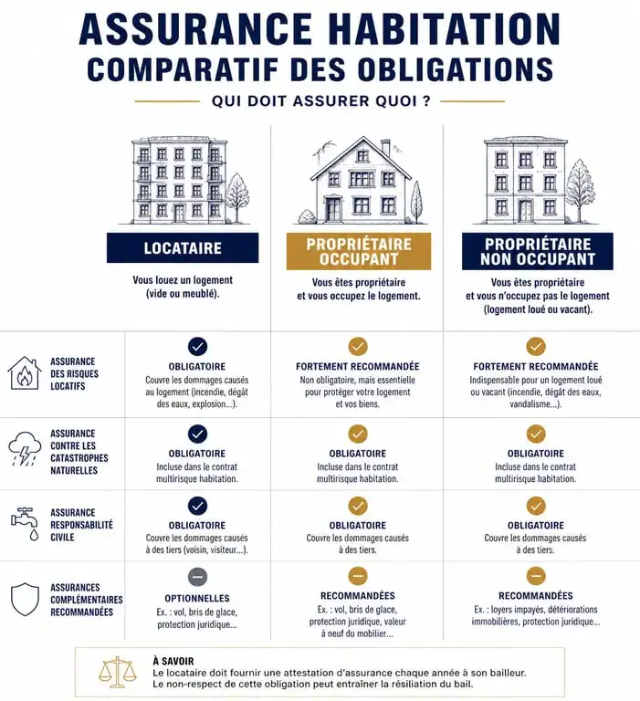 Infographie comparative des obligations d'assurance habitation : locataire, propriétaire et propriétaire non occupant