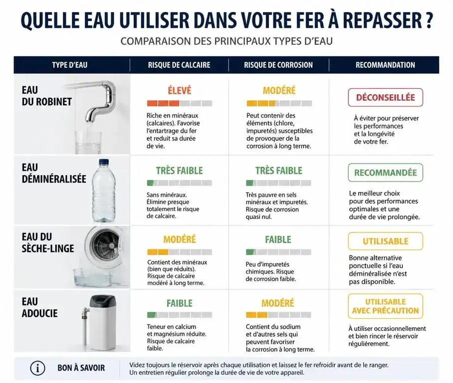 Infographie comparative des types d'eau pour fer à repasser : eau du robinet, déminéralisée et alternatives pour éviter le calcaire