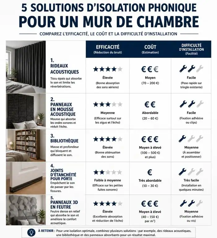 Infographie comparative des solutions d'isolation phonique mur chambre sans travaux
