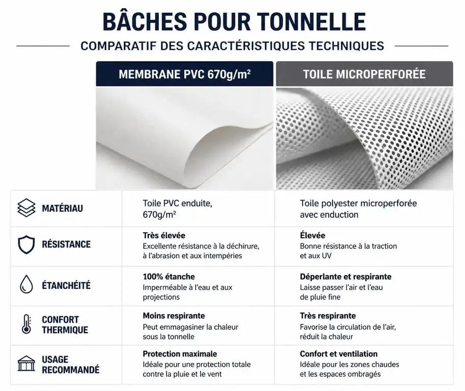 Comparatif des matériaux pour bache tonnelle : PVC 670g/m² vs toile microperforée