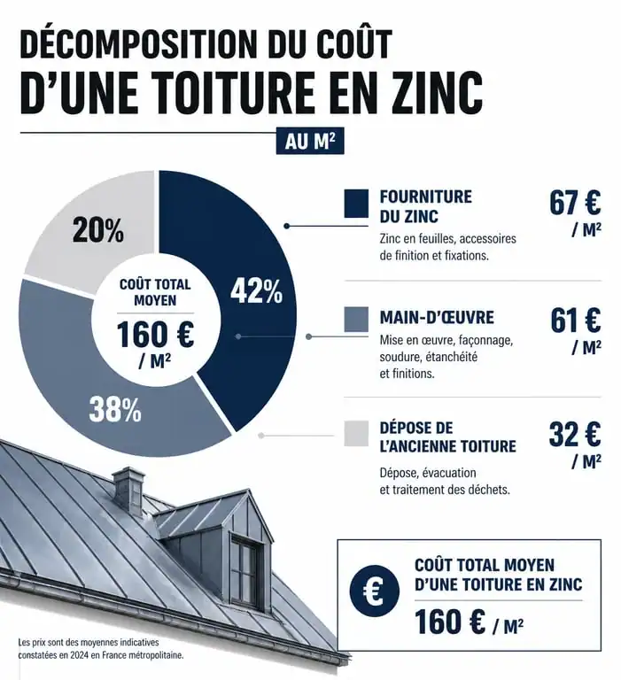 Répartition des coûts d'une toiture en zinc au m² : fourniture, main-d'œuvre et dépose