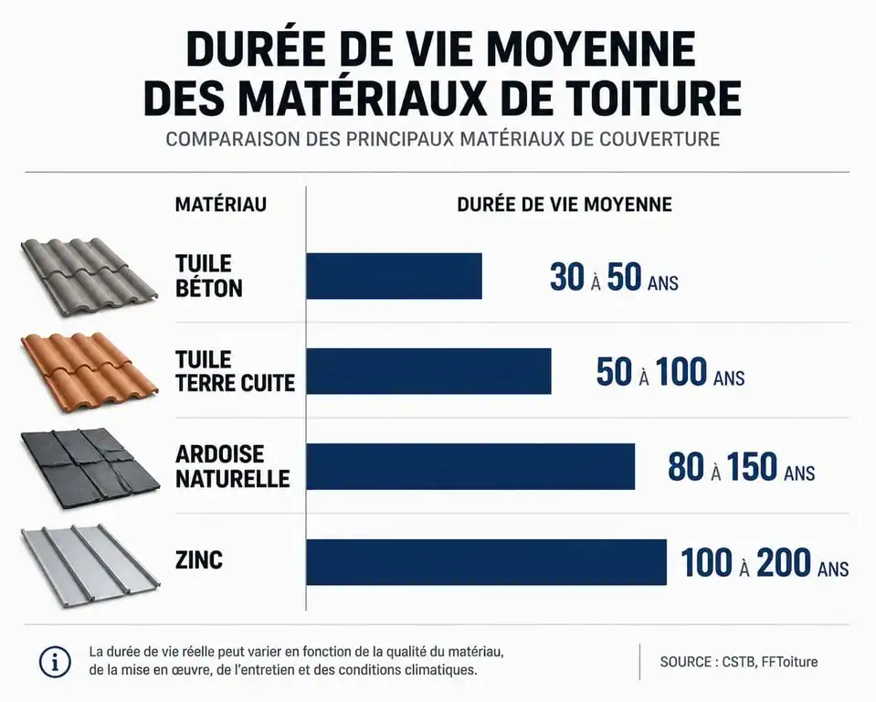 Comparatif de la durée de vie des matériaux de toiture : tuile béton, terre cuite, ardoise et zinc.