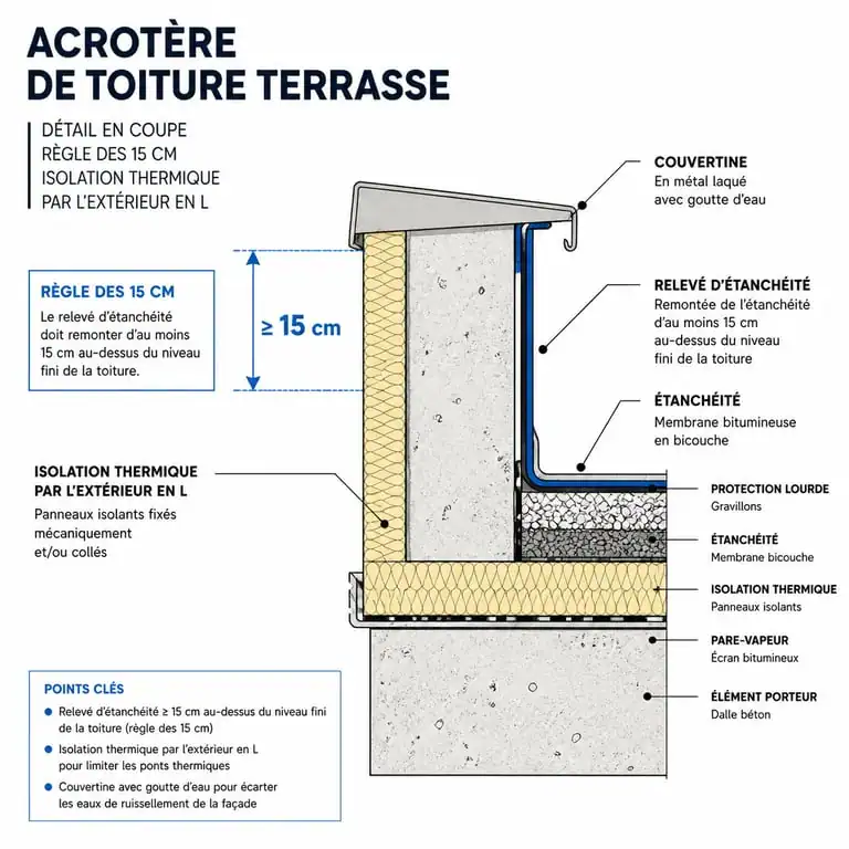 Schéma technique d'un acrotère de toiture terrasse avec relevé d'étanchéité et isolation