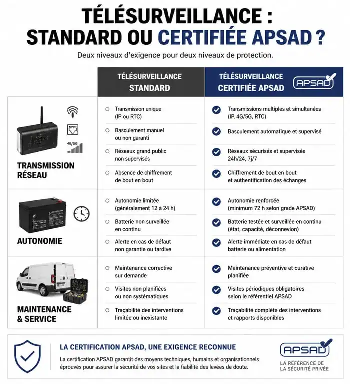 Comparatif télésurveillance locaux professionnels certifiée APSAD vs standard