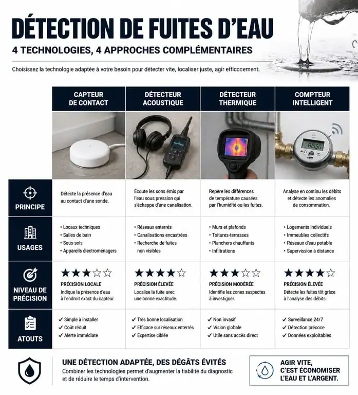 Comparatif des technologies de détecteur de fuites d'eau pour maison et industrie