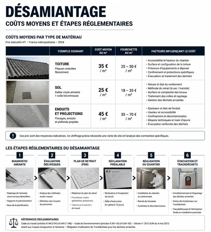 Infographie des coûts et étapes du désamiantage : prix moyens par m² et processus réglementaire obligatoire.