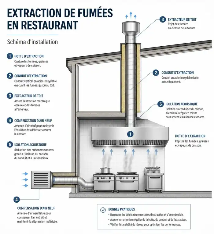 Schéma technique d'installation d'extraction de fumées pour restaurant en copropriété