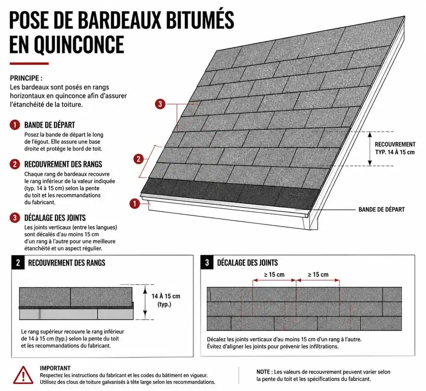 Schéma technique de pose de bardeau bitumé en quinconce sur toiture