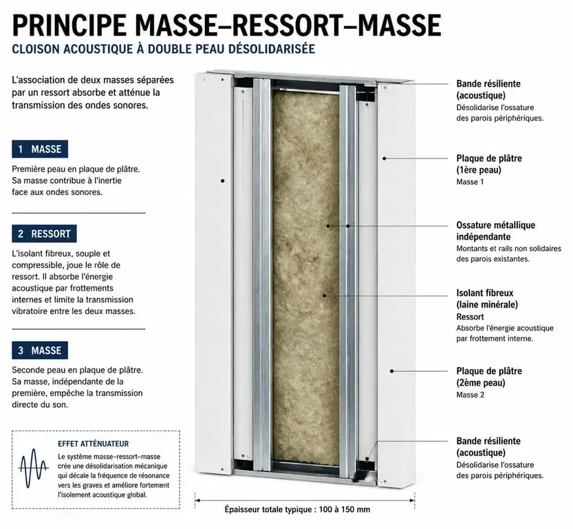 Schéma du principe masse-ressort-masse pour l'isolation phonique d'une cloison entre deux chambres