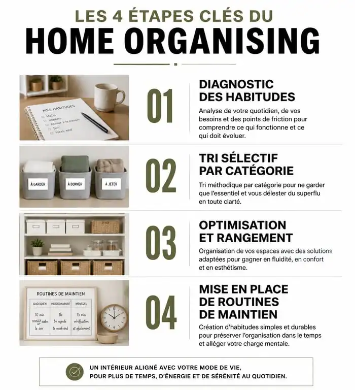 Infographie des étapes d'une aide au rangement maison professionnelle