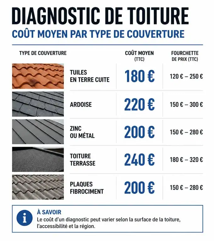 Infographie des prix moyens pour un diagnostic de toiture selon le type de couverture