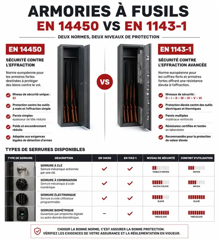 Infographie comparative des normes de sécurité et types de serrures pour armoire à fusils
