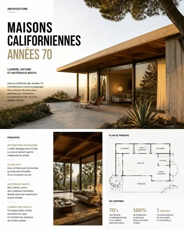 Maison californienne des années 70 avec grandes baies vitrées et architecture horizontale