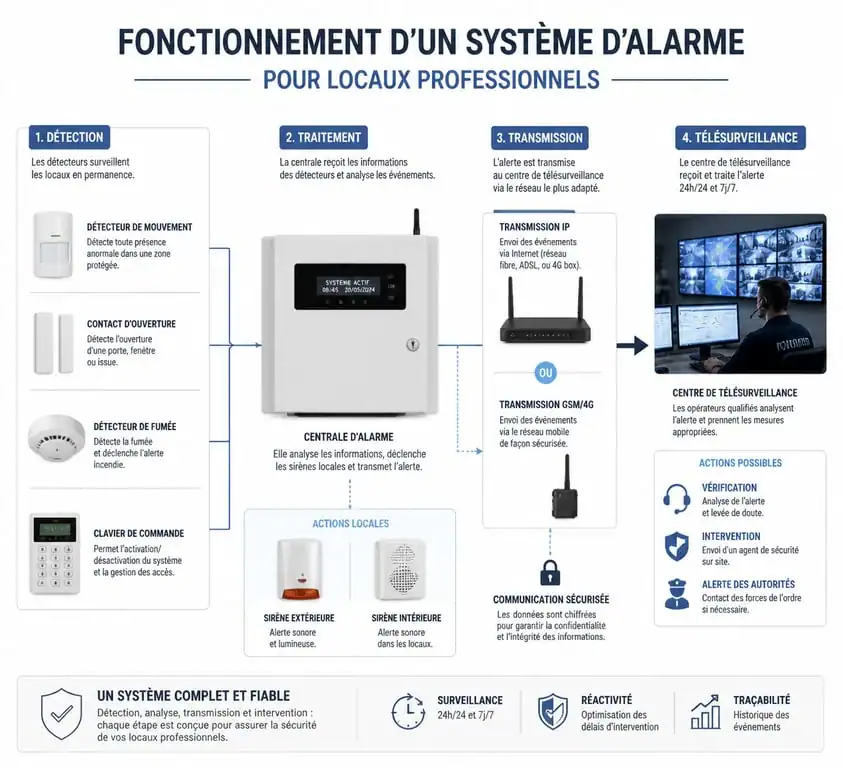 Schéma de fonctionnement d'une alarme pour locaux professionnels