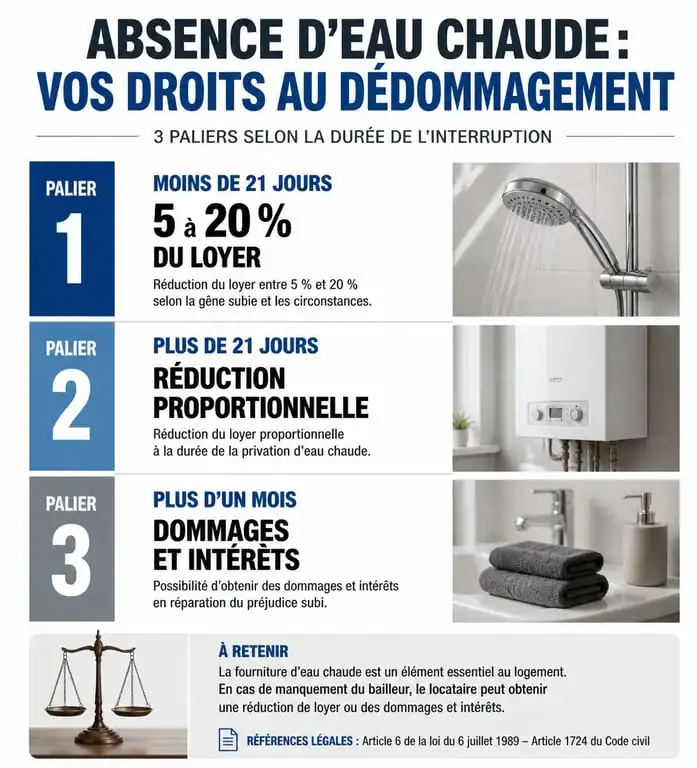 Infographie des paliers de dédommagement pour absence d'eau chaude en cas de litige locatif