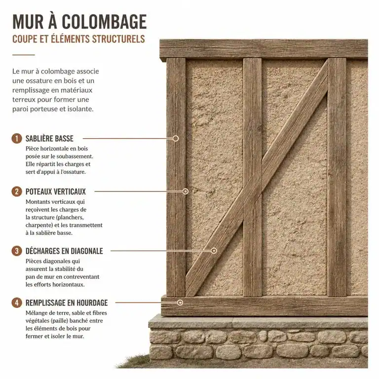 Schéma technique de l'anatomie d'un mur à colombage avec ses éléments structurels