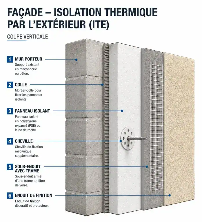 Schéma technique des couches d'un crépi isolant pour façade