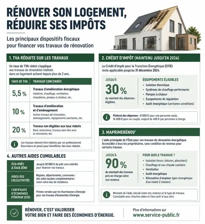 Infographie des dispositifs fiscaux pour les travaux maison et impôts