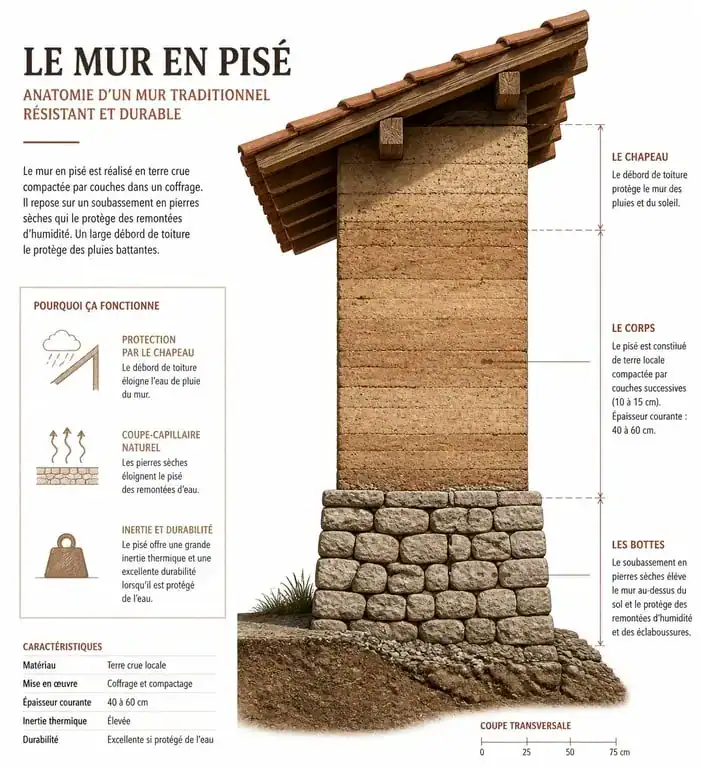 Schéma technique des bonnes pratiques pour un mur en pisé : soubassement et débord de toiture