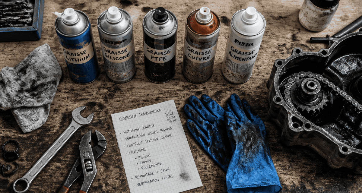 graisse en bombe sur établi avec outils et mécanismes