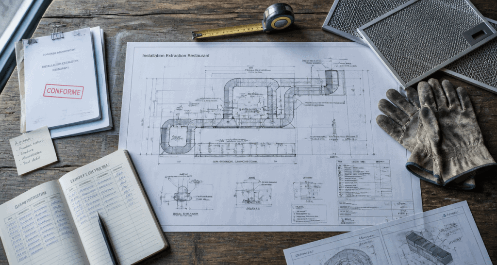 installation extraction restaurant dans copropriété plan technique sur bureau
