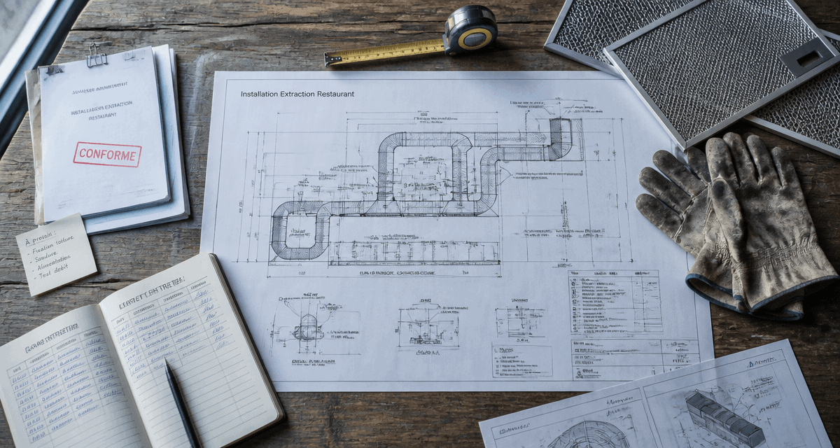 installation extraction restaurant dans copropriété plan technique sur bureau