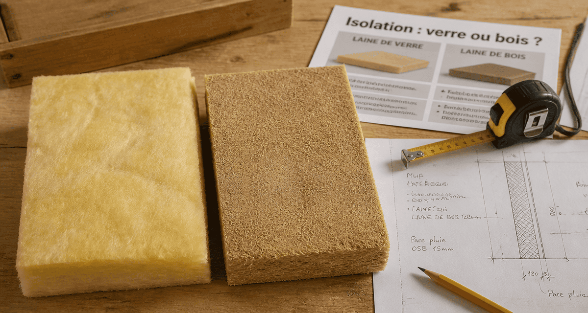 laine de verre ou laine de bois côte à côte sur bureau