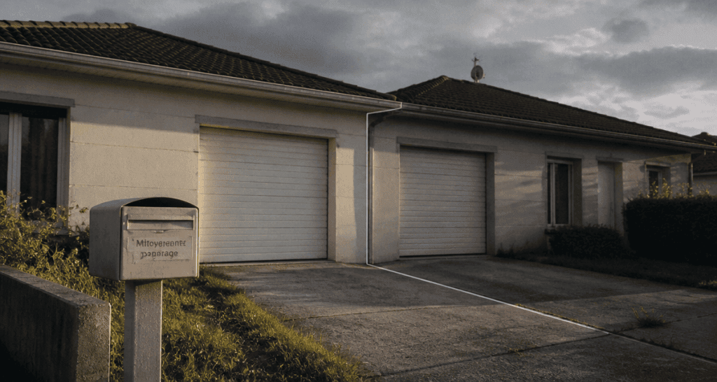 Maison mitoyenne par le garage, joint visible, façade et garages