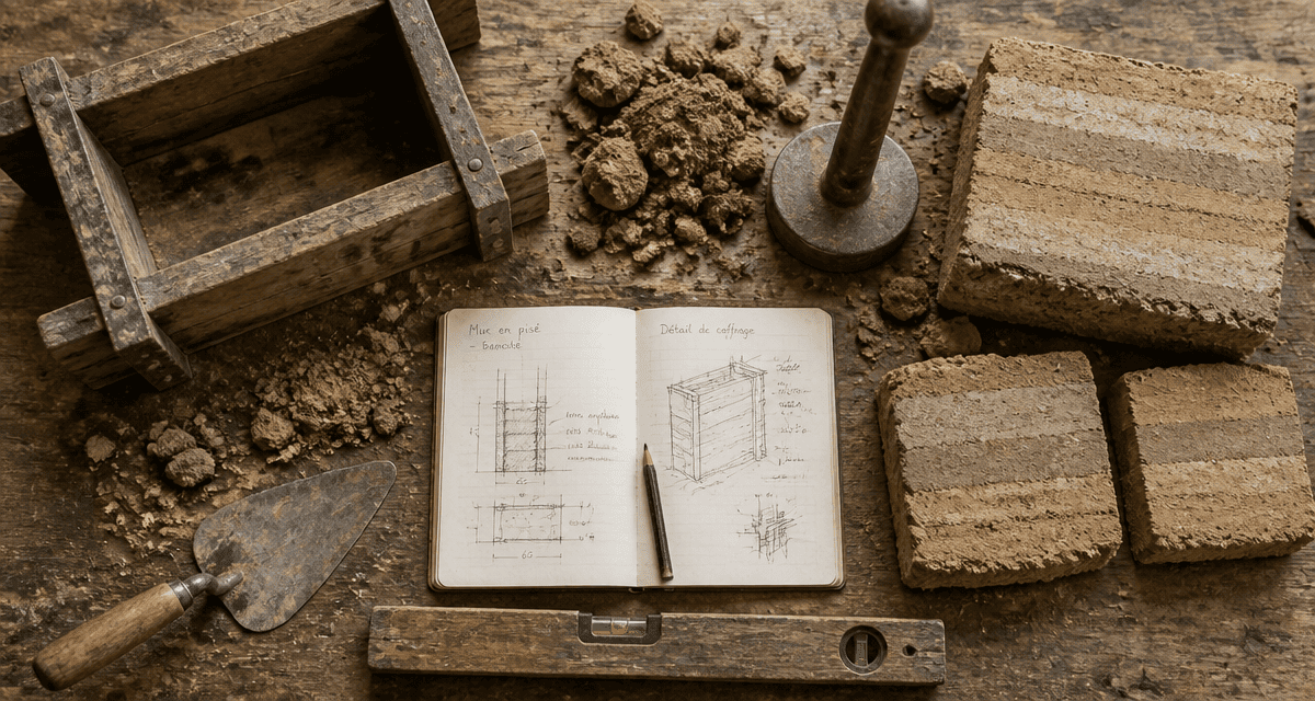 Atelier mur en pisé avec outils traditionnels
