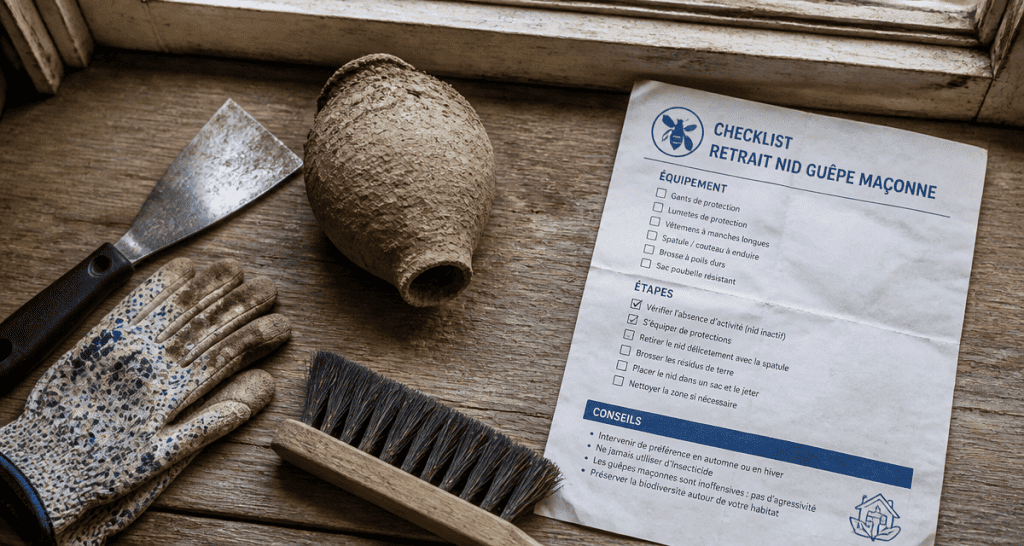 nid de guepe maçonne comment s'en débarrasser sur rebord fenêtre outils