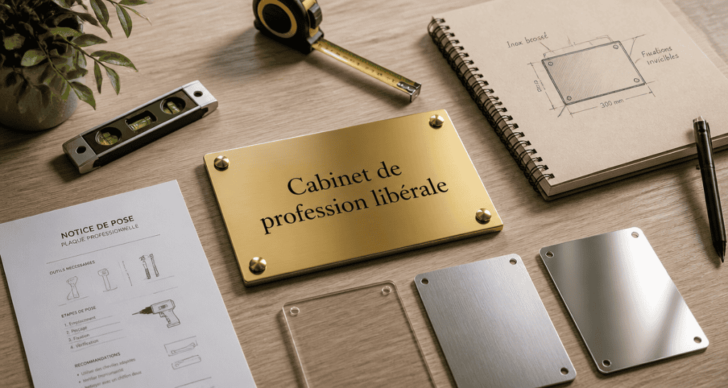 plaque profession libérale sur bureau avec matériaux