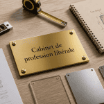 plaque profession libérale sur bureau avec matériaux