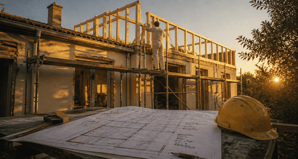 Rehausser toiture, ouvrier sur échafaudage