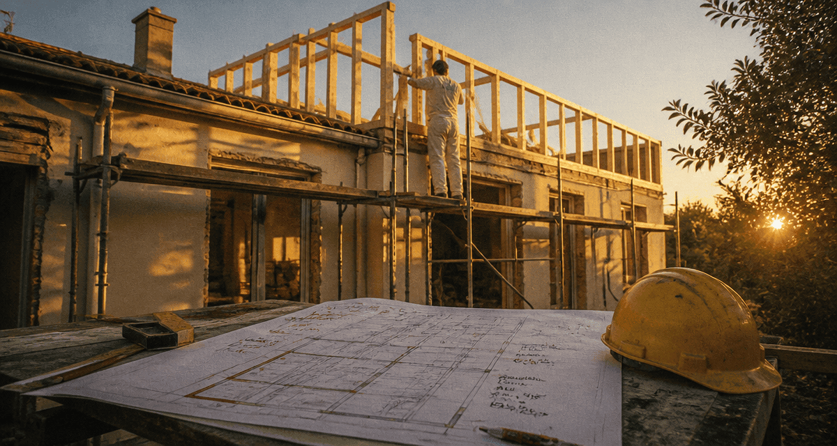 Rehausser toiture, ouvrier sur échafaudage