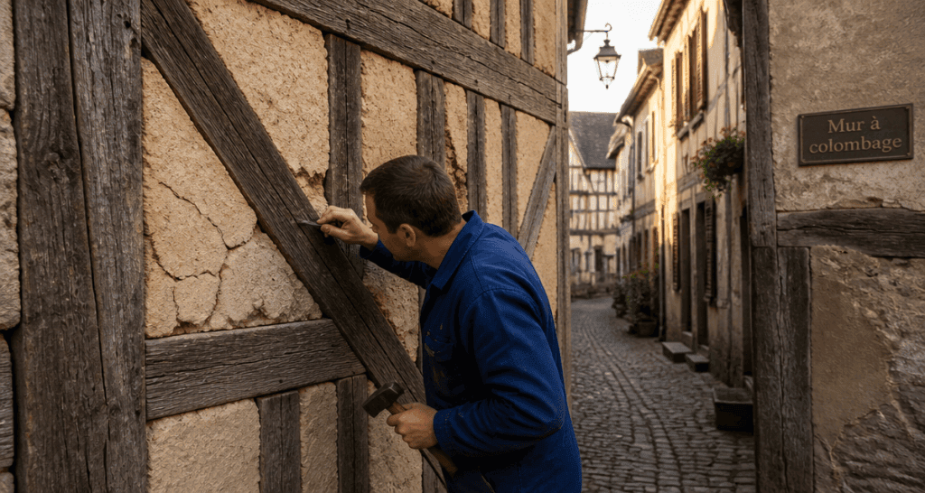 mur colombage authentique examiné par artisan