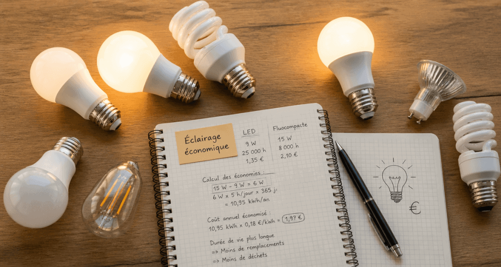Ampoule economique LED et fluocompacte allumées sur table