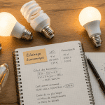 Ampoule economique LED et fluocompacte allumées sur table