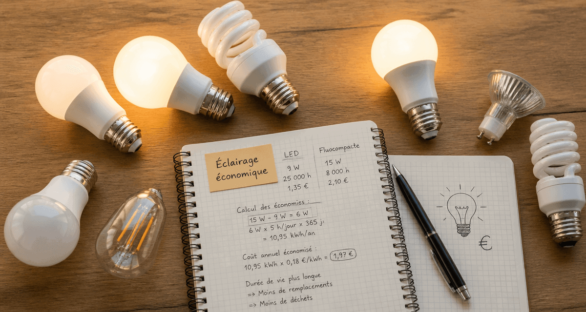 Ampoule economique LED et fluocompacte allumées sur table
