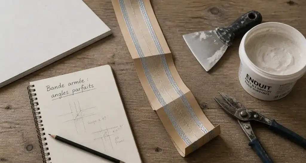 bande armée sur plaque de plâtre et outils