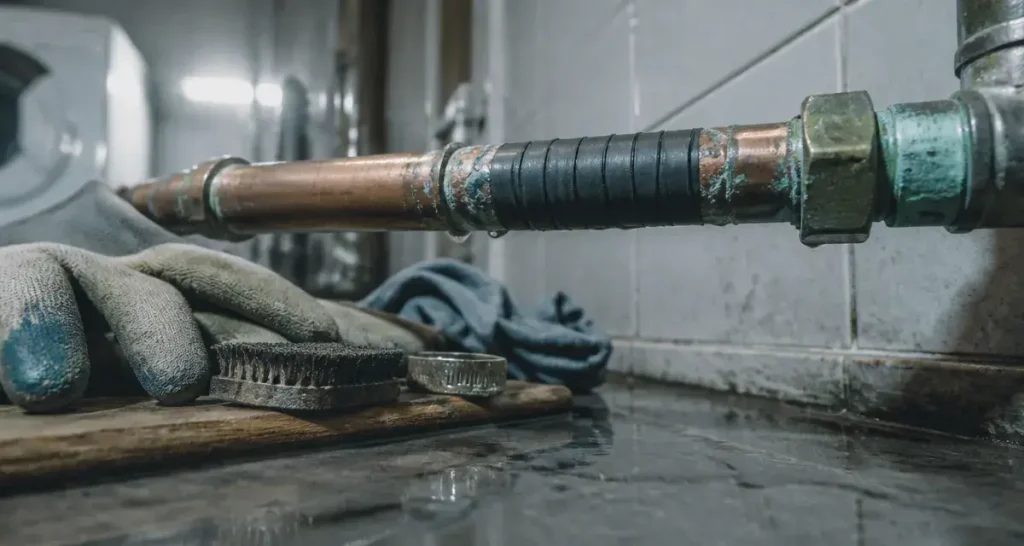 Colmater une fuite d eau sous pression avec ruban auto-amalgamant sur canalisation cuivre